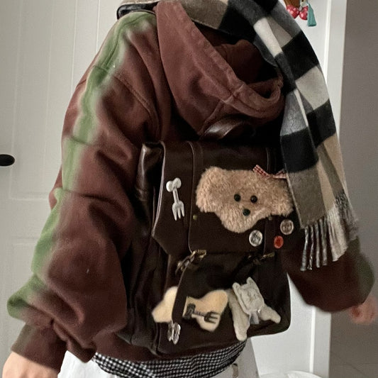 Vintage Brown Y2K Backpack | Preppy Style with Fold-Over Flap & Plush Puppy