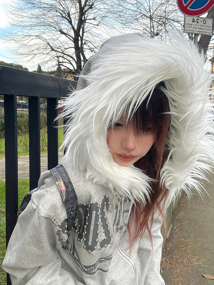Gray Y2K Zip-Up Hoodie with Faux Fur Trim and Graphic Print