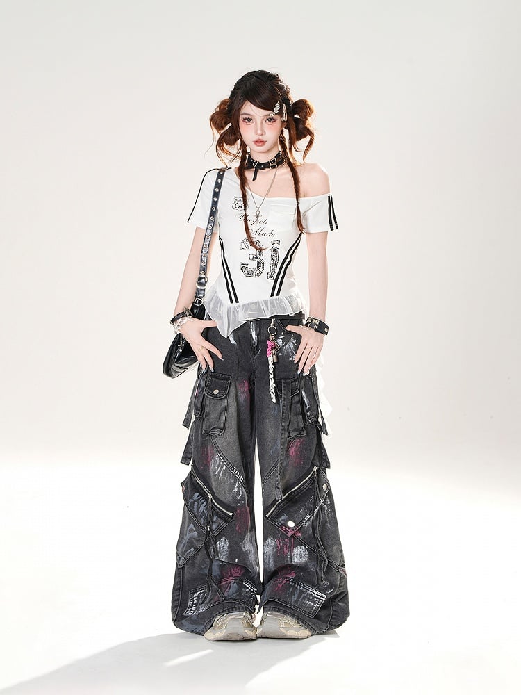 Spray Paint Print Black Low Rise Zipper Details Distressed Wide-leg Jeans