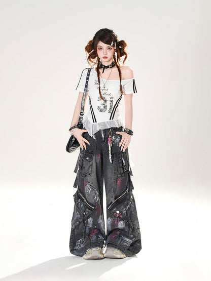 Spray Paint Print Black Low Rise Zipper Details Distressed Wide-leg Jeans