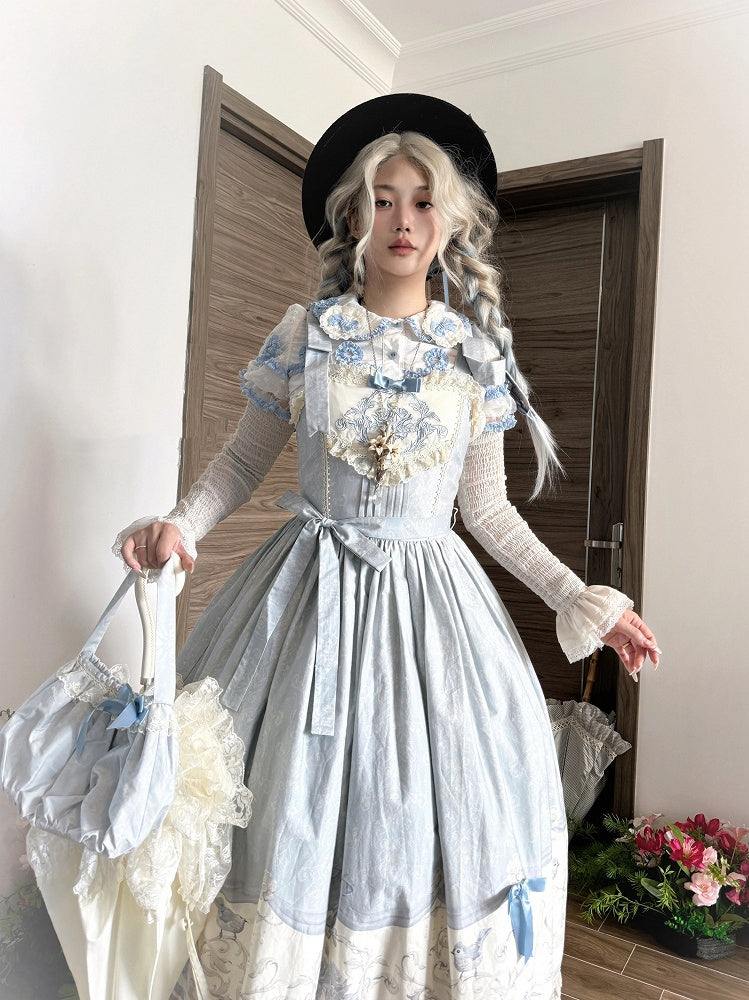 Blue Titmouse and Floral Print Lolita Jumper Skirt