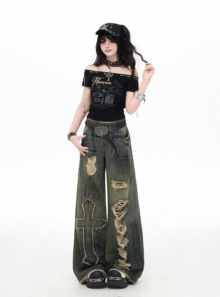 Y2K Cross Applique Blue Distressed Holes Vintage Wide-Leg Jeans