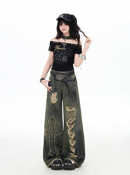 Y2K Cross Applique Blue Distressed Holes Vintage Wide-Leg Jeans