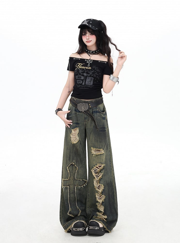 Y2K Cross Applique Blue Distressed Holes Vintage Wide-Leg Jeans