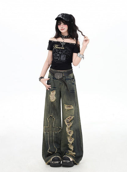 Y2K Cross Applique Blue Distressed Holes Vintage Wide-Leg Jeans