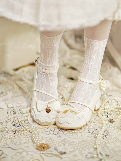 Milky White Heart Charm Bow at Top Lace Trim Crisscross Design Lolita Shoes