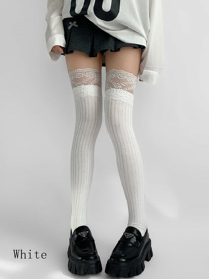 White/Black/Dark Gray/Beige/Light Gray Lace Trim Knitted Over-knee Stockings