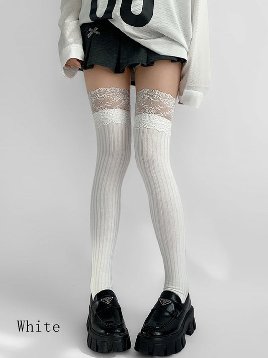 White/Black/Dark Gray/Beige/Light Gray Lace Trim Knitted Over-knee Stockings