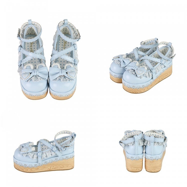 Blue Crisscross Design Bunny Ear Bow at Top Lace Trim Platforms