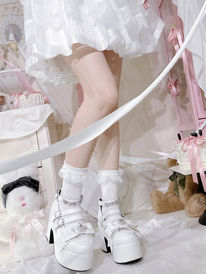 Matte White Jirai Kei Rhinestone Decorated Heart-shaped Buckle Design Bow at Top Platform High Block Heels