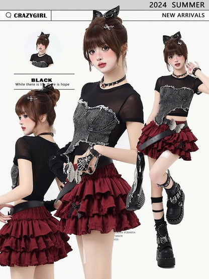 Red Sweet Bowknots Tiered Skirt with Free Big Bow