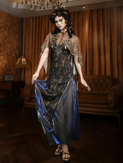 Gold High-low Design Cutout Back Shawl with Tassels and Bead Chain