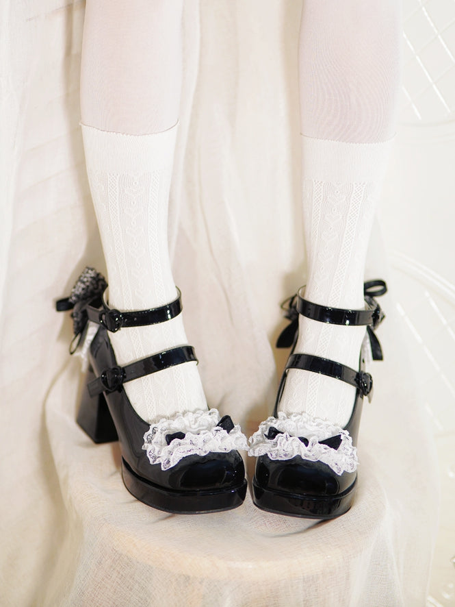 Black Knotted Bow at Top Lace Trim Heart Buckles High Block Heels