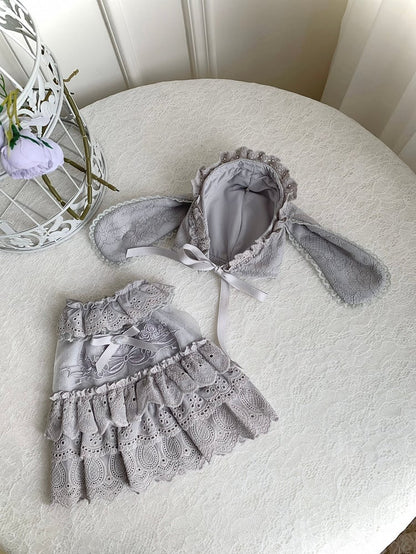 Gray Rosette and Bowknot Embroidery Dress + Bunny Ears Hat