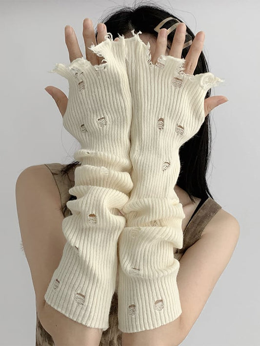 Distressed Holes Fingerless Knitted Long Gloves 5 Color Options