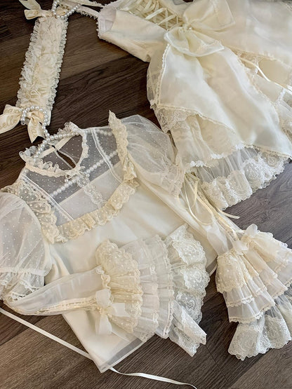 Creamy White Dotted Tulle Puff Sleeves Blouse with Detachable Sleeves