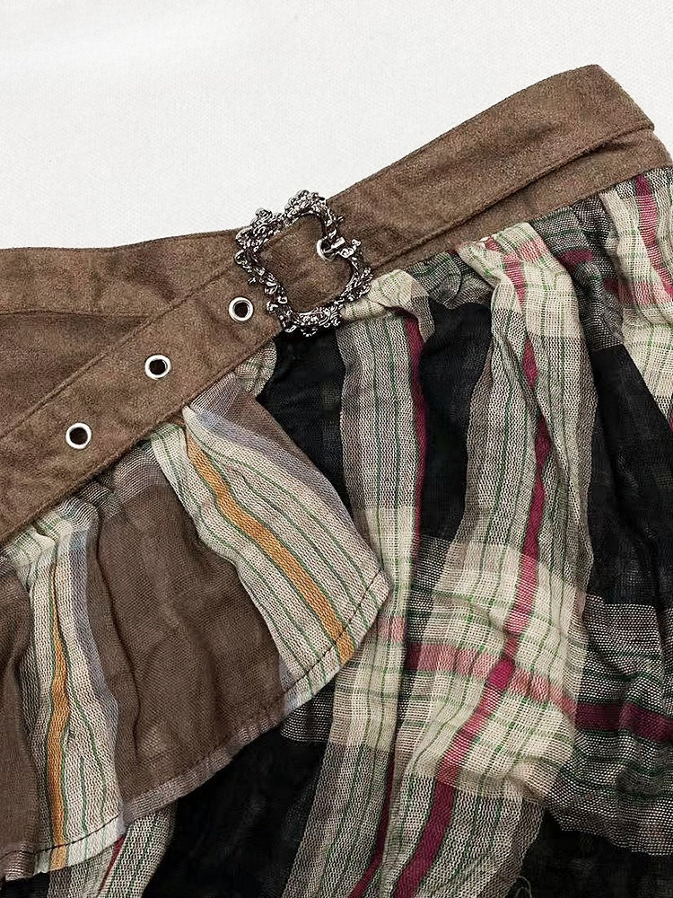 Coffee Brown Millard Fashion Plaid Pattern Asymmetrical Hem Skirt