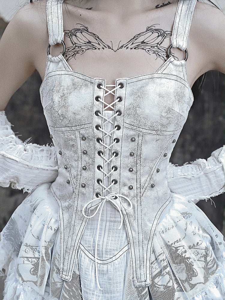 Grey Punk Corset Bodice Dress with Detachable Tulle Train