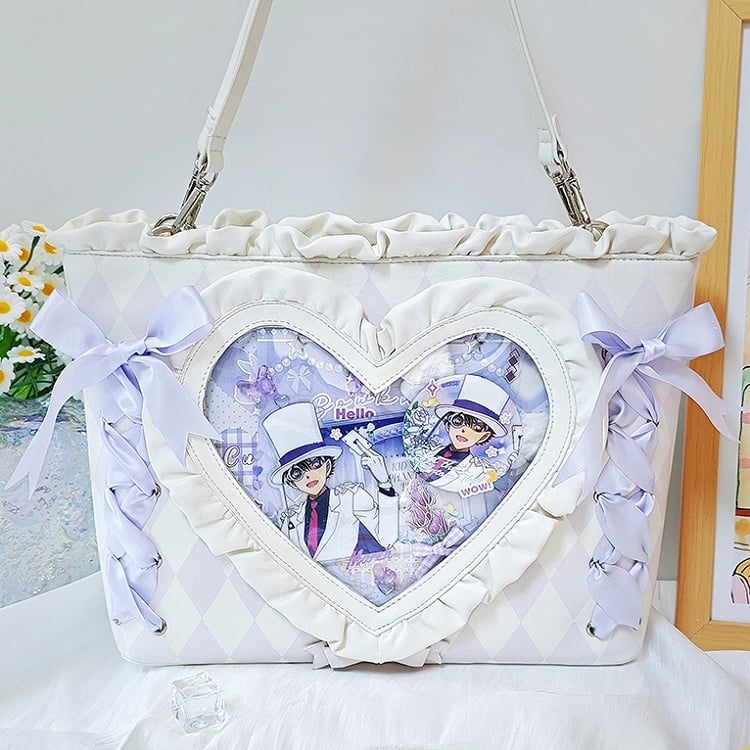 Purple Diamond Pattern Lace-up Design Ruffles Trim Heart PU Tota Ita Bag