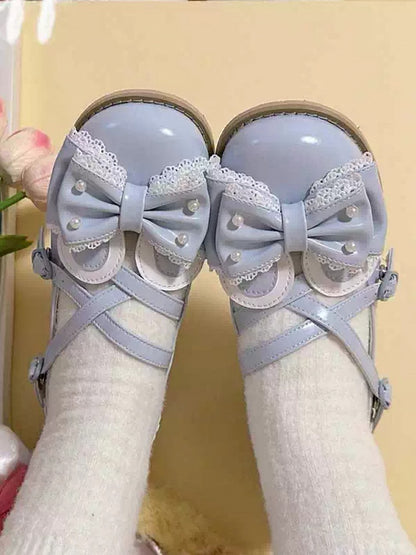 Blue Beaded Decorated Bow at Top Crisscross Design Bunny Ear Lolita Shoes