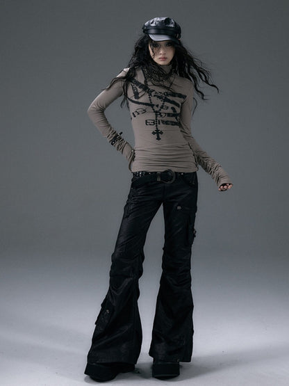 Clearance-Size M for 70CM Black Low-Waist Slim-fitting Flared Cargo Pants