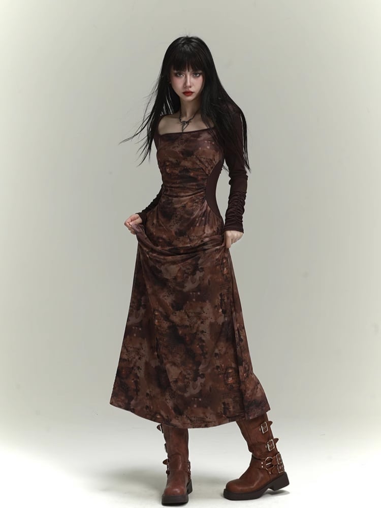 Millard Fashion Brown Square Neck Gathering Details Slim-fitting Dress