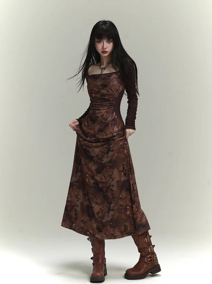 Millard Fashion Brown Square Neck Gathering Details Slim-fitting Dress