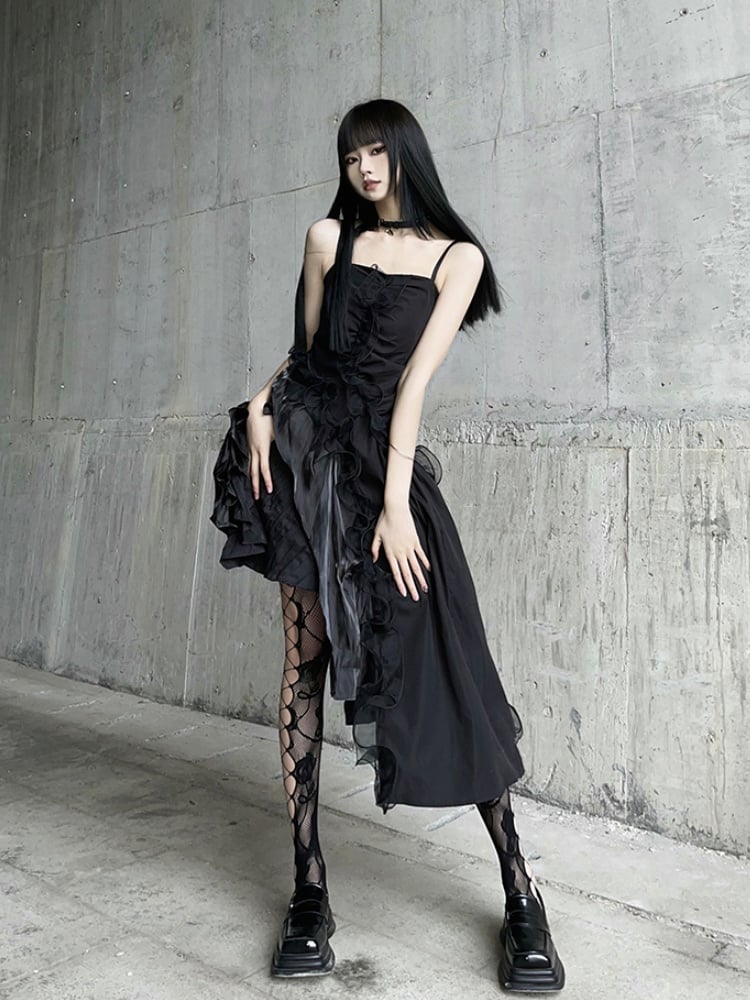 Black Asymmetrical Hem Flounce Trim Glamorous Cami Dress