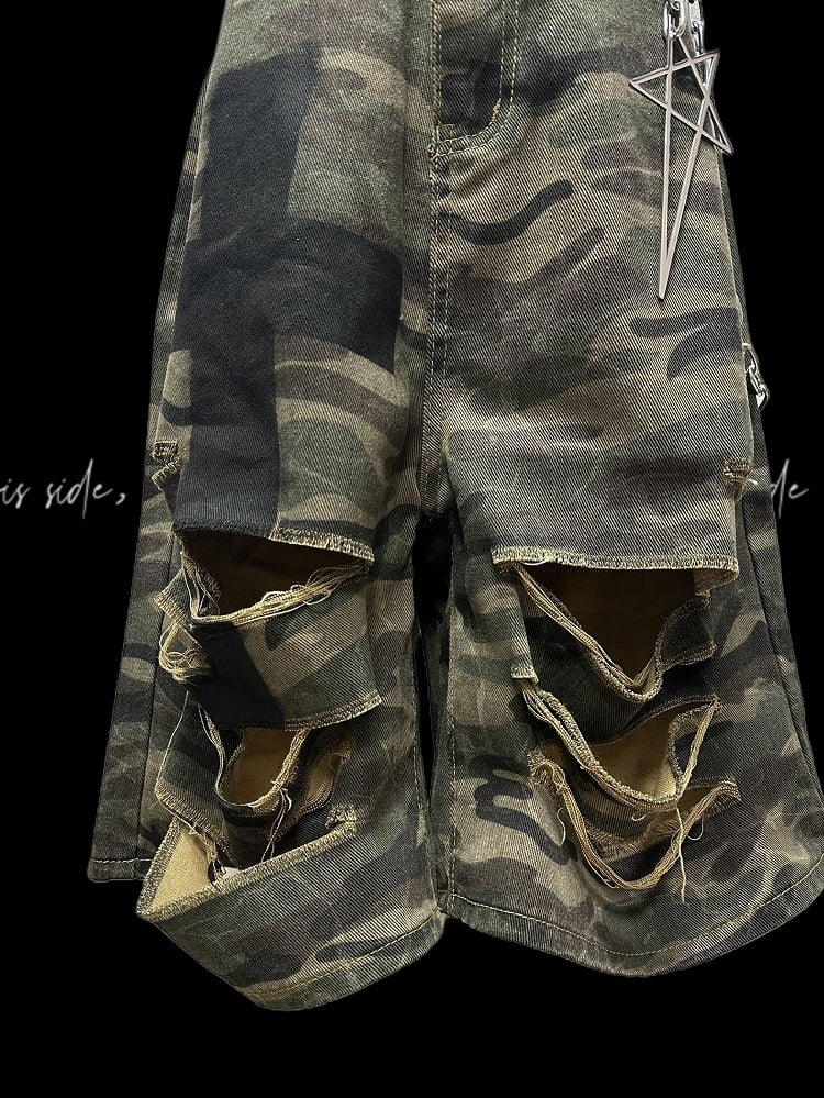 Camouflage Distressed Holes Wasteland Punk Wide-Leg Shorts