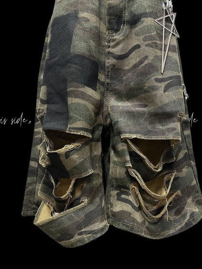 Camouflage Distressed Holes Wasteland Punk Wide-Leg Shorts