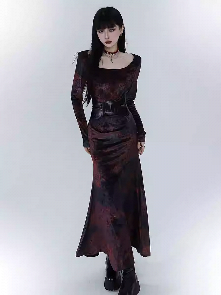 Black & Red Tie Dye Mermaid Skirt Velvet Dress