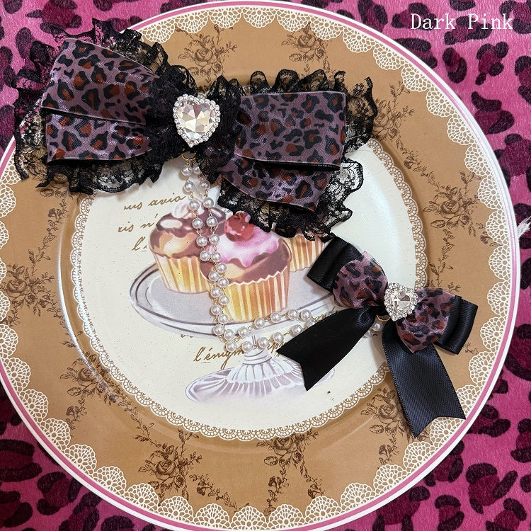 Two Black&Dark/Light Pink Rhinestone Heart Decorated Bead Chain Bowknot Hairclips