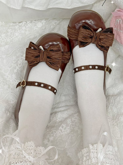 Chocolate Brown Beaded Decorated Bow at Top Heart Buckle Round Toe Lolita Shoes
