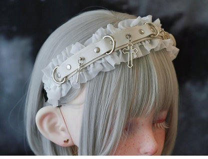 White Gothic Cross Stud Ring Buckle PU Ruffled KC