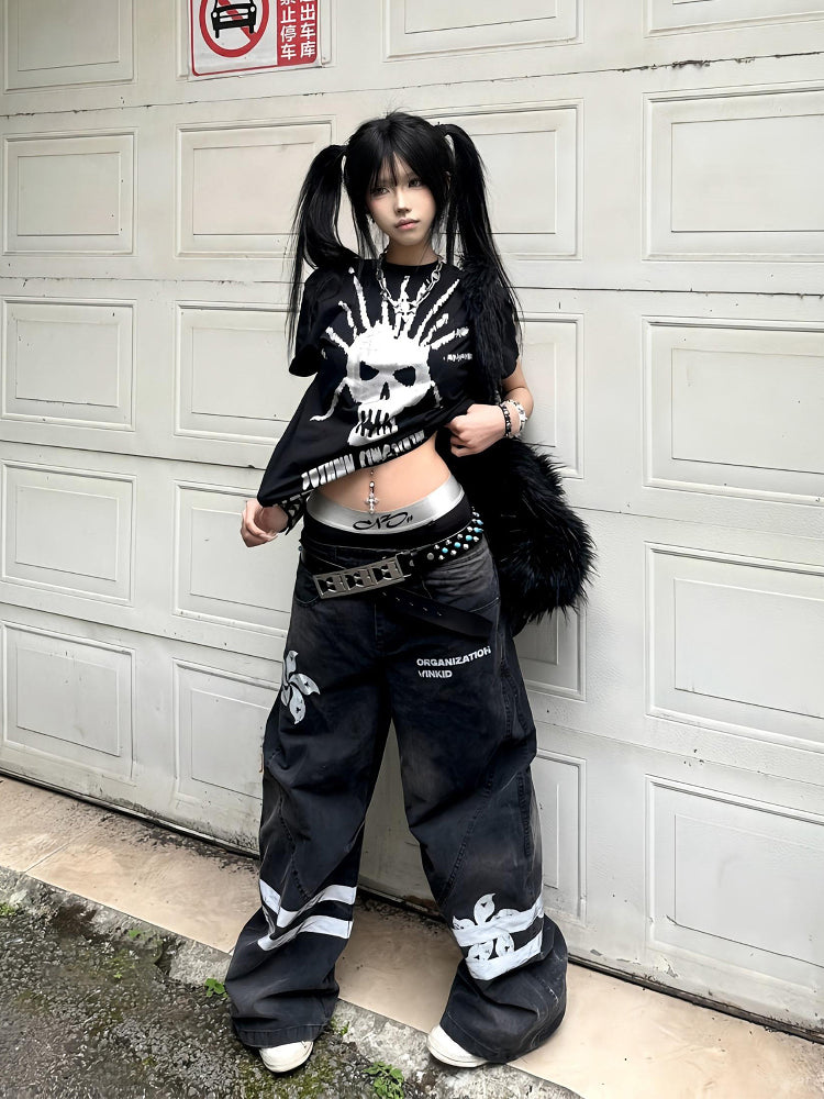 Y2K Black Round Neck T-shirt with Silver Foil Skeleton Print