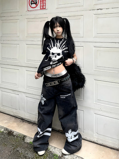 Y2K Black Round Neck T-shirt with Silver Foil Skeleton Print