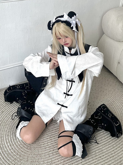 White Long/Short Sleeves Cheongsam Blouse with Detachable Collar and Subtle Pattern