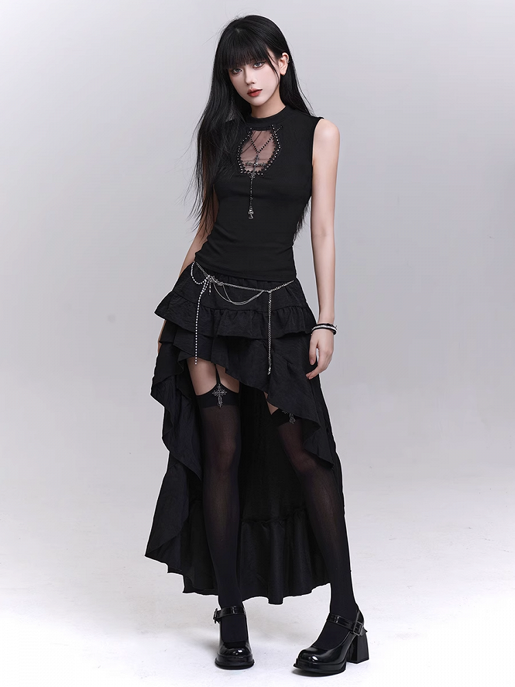 Studded Coffin-Shaped Cutout Black Tank Top with Free Cross Necklace