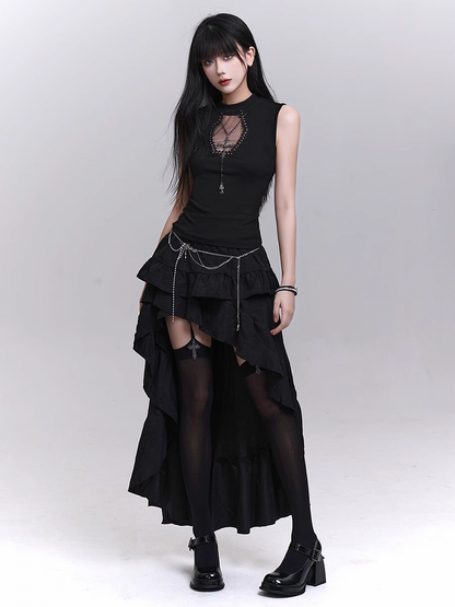 Studded Coffin-Shaped Cutout Black Tank Top with Free Cross Necklace