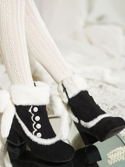 Black Sweet Lolita Mid-Calf Boots - Button Accents, Plush Bow & Furry Cuff with Inner Zip