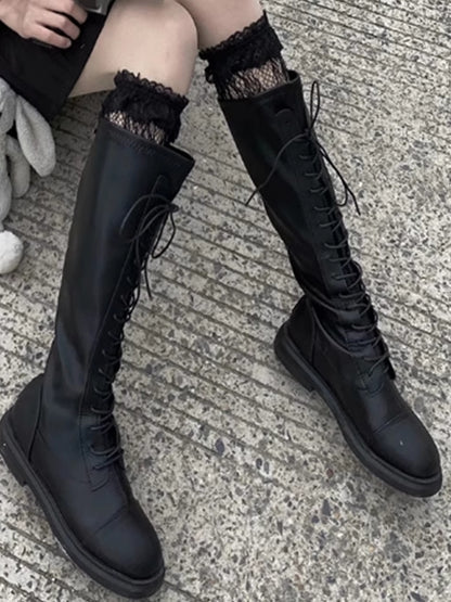 Black/White Lace Trim Hollow-out Design Under-knee Stockings