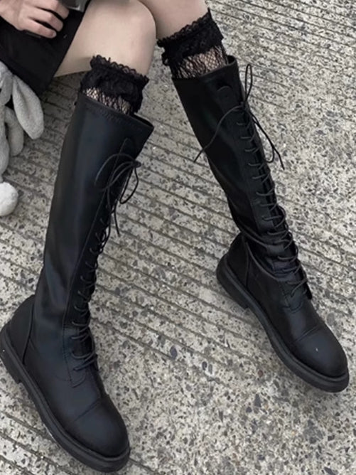 Black/White Lace Trim Hollow-out Design Under-knee Stockings