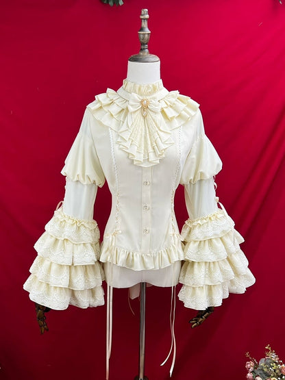 Apricot Ruffle Neckline Layered Bell Sleeves Gothic Lolita Shirt with Jabot Tie