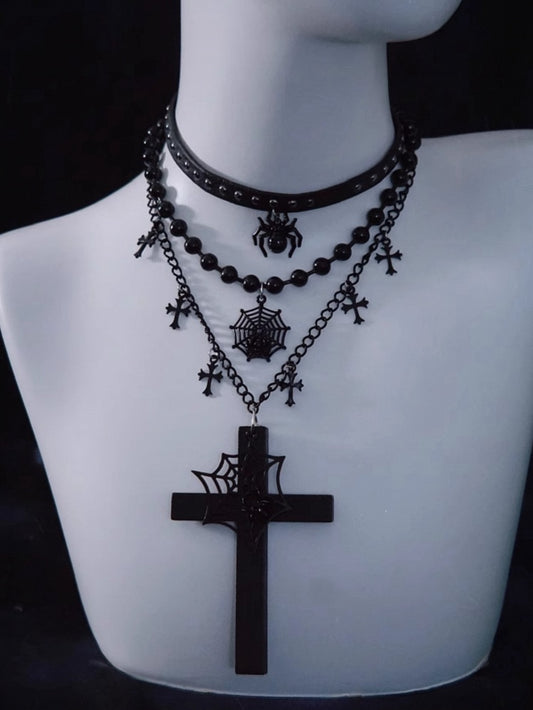 Spider Web and Cross Pendant Black Gothic Triple Layered Necklace