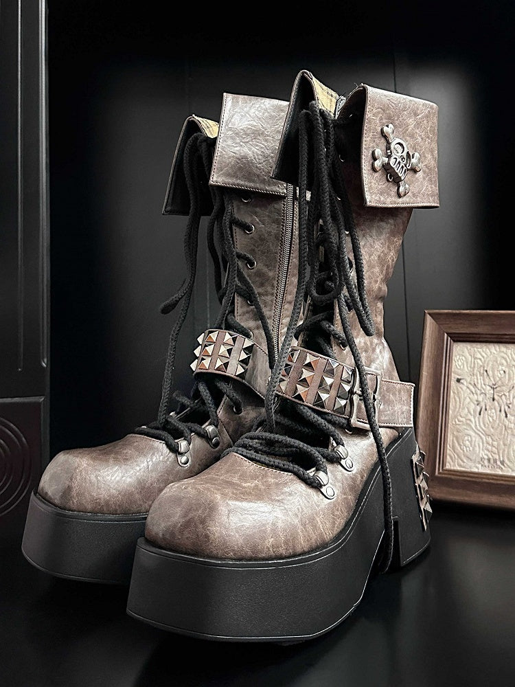 Skull and Studs Brown Front Lace-up Punk Chunky Platform Boots