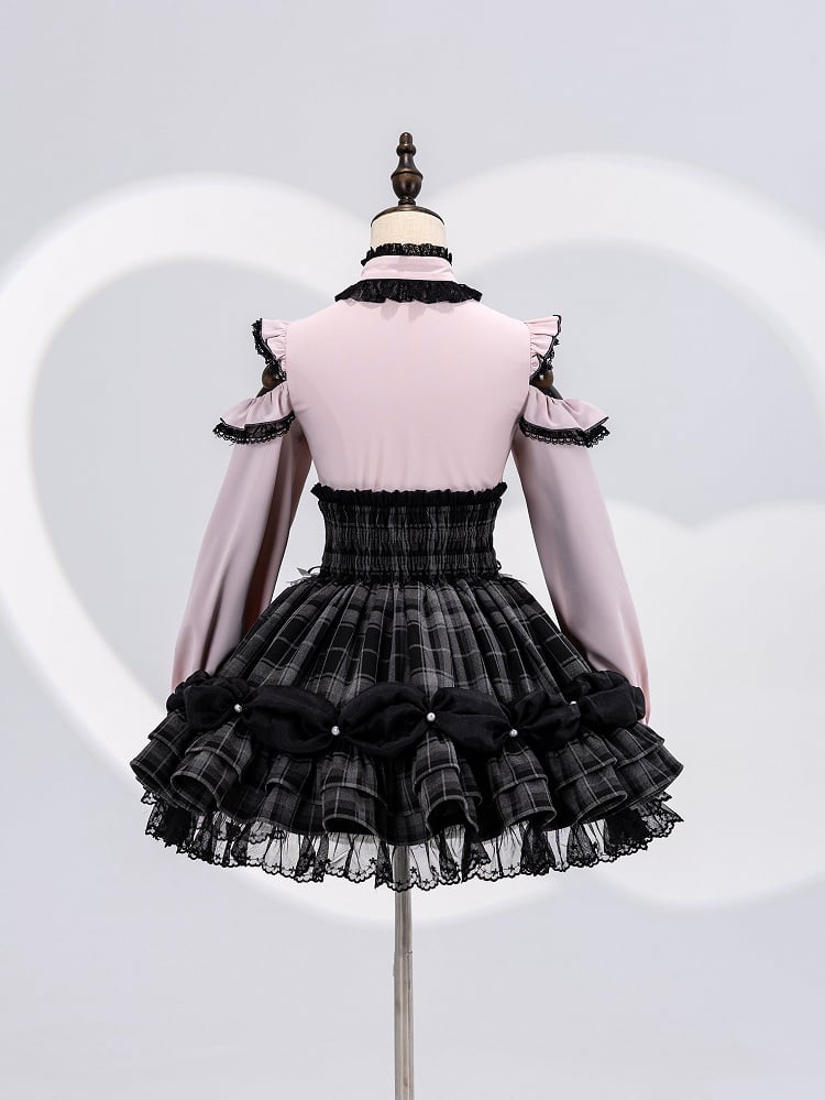 Bead Chain and Bow Accents Adorned High Waist Jirai Kei All Grey Plaid Skirt