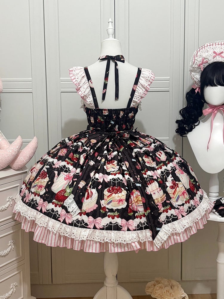 Bows and Strawberry Dessert Print Black Sweet Lolita Jumper Skirt