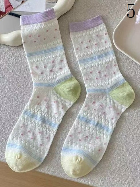 Colorful Stripes Polka-dot/Bowknot/Floral Pattern Hollow-out Calf Socks