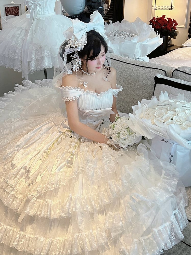 White Layered Ruffles Lace Shiro Lolita Dress with Bow Accents
