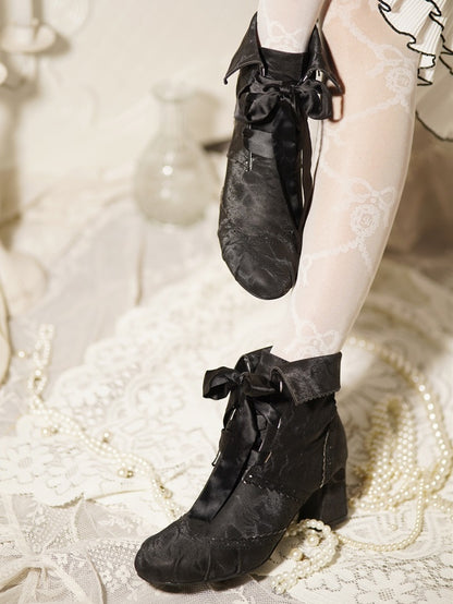 Mid-Heel Elegant Black Lolita Boots - Foldable Cuff with Inner Zip & Lace-Up Design